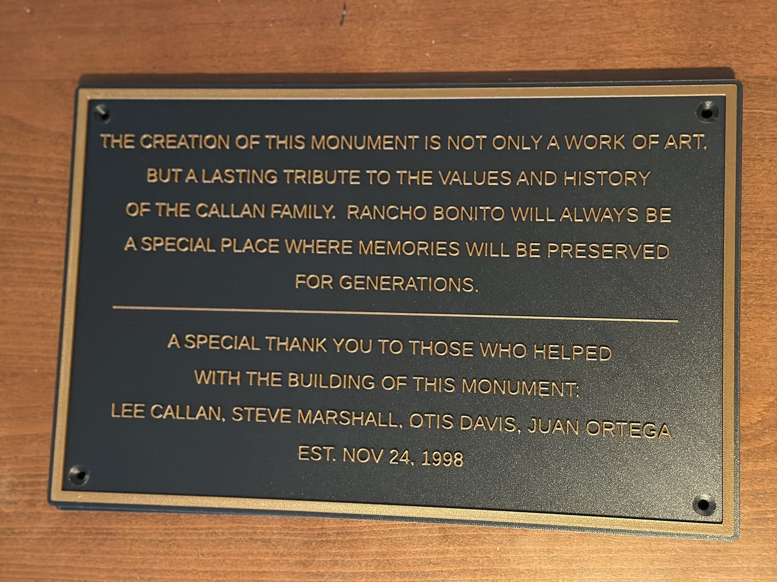 Rancho Bonito Monument Plaque